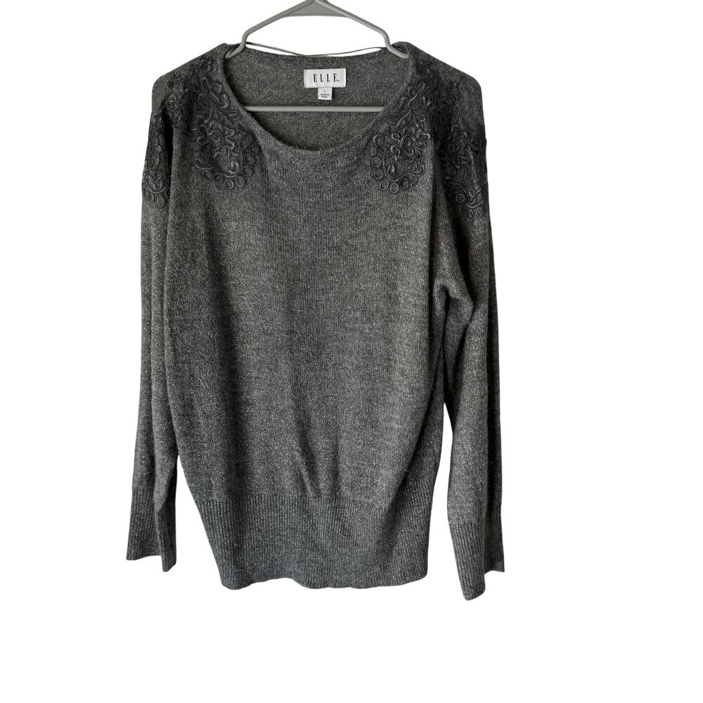 Elle Sweater Womens Large Gray Embroidered‎ Shoulder Pullover Lightweight Casual